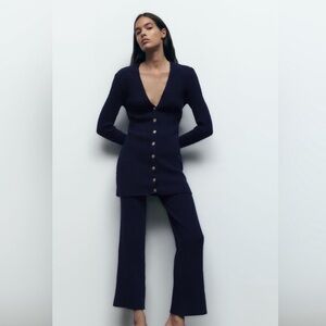 Women’s Ribbed Knit Navy Blue Zara Cardigan and Pants Set